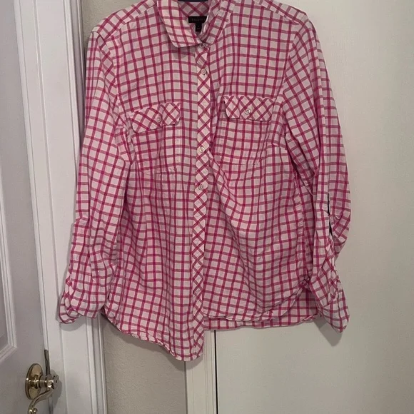 Talbots Pink and White Plaid Button-Front Shirt - Picture 1 of 2
